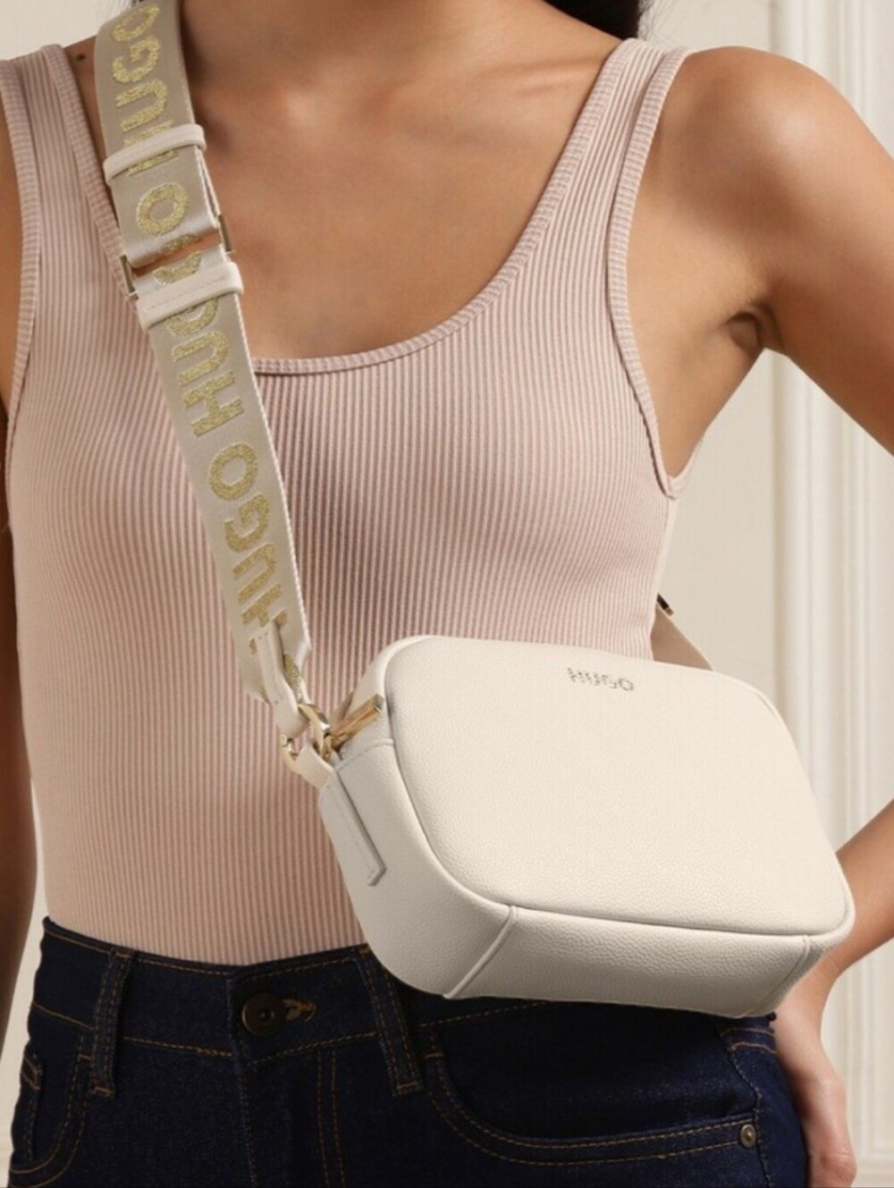 HUGO Cream Crossbody Camera Bag with Branded Strap